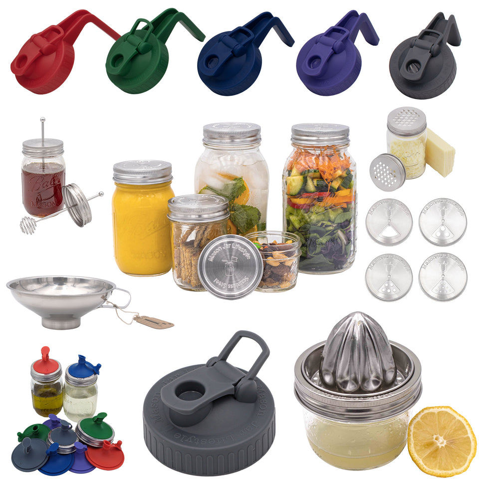 Regular mouth kitchen bundle showing lid colors, storage and spice lids, honey dipper, funnel, grater, and wide mouth juicer; jars and food are display props.