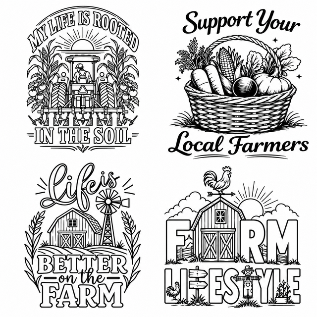 Four farming engraving designs: My Life Is Rooted in the Soil, Support Your Local Farmers, Life Is Better on the Farm, and Farm Lifestyle.
