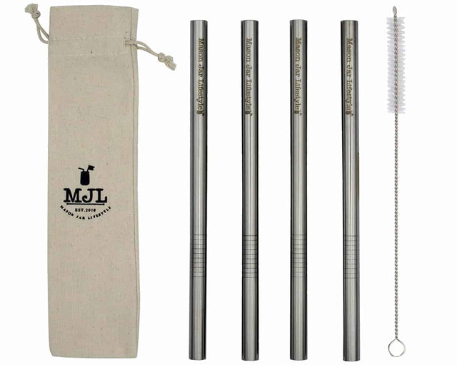 Four Long stainless steel Boba straws with a reusable cleaning brush and an MJL cloth carry bag.