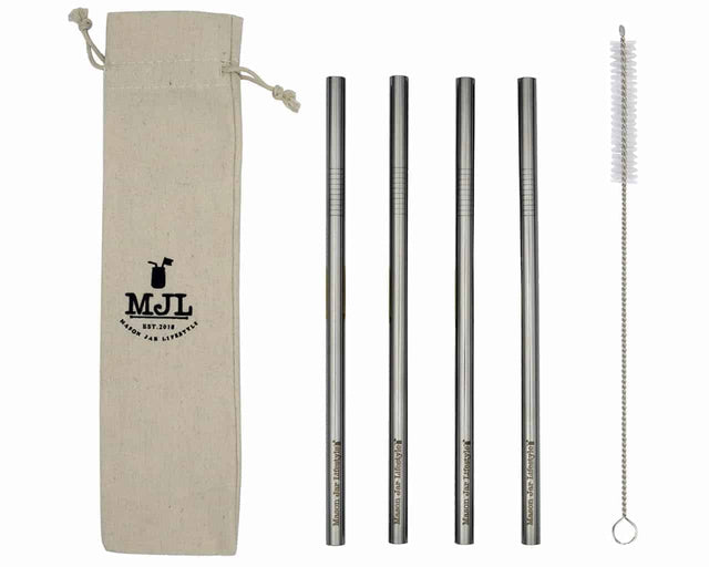 Four Long stainless steel Smoothie straws with a reusable cleaning brush and an MJL cloth carry bag.
