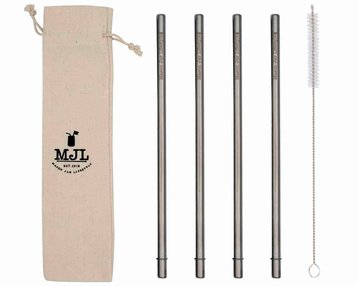 Four Long Safer Rounded End stainless steel straws with one straw cleaner and a cloth carry bag.