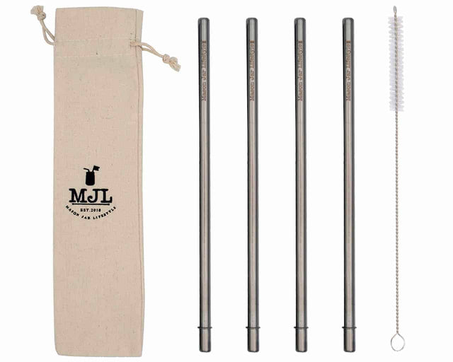 Four Long Safer Rounded End stainless steel straws with one straw cleaner and a cloth carry bag.