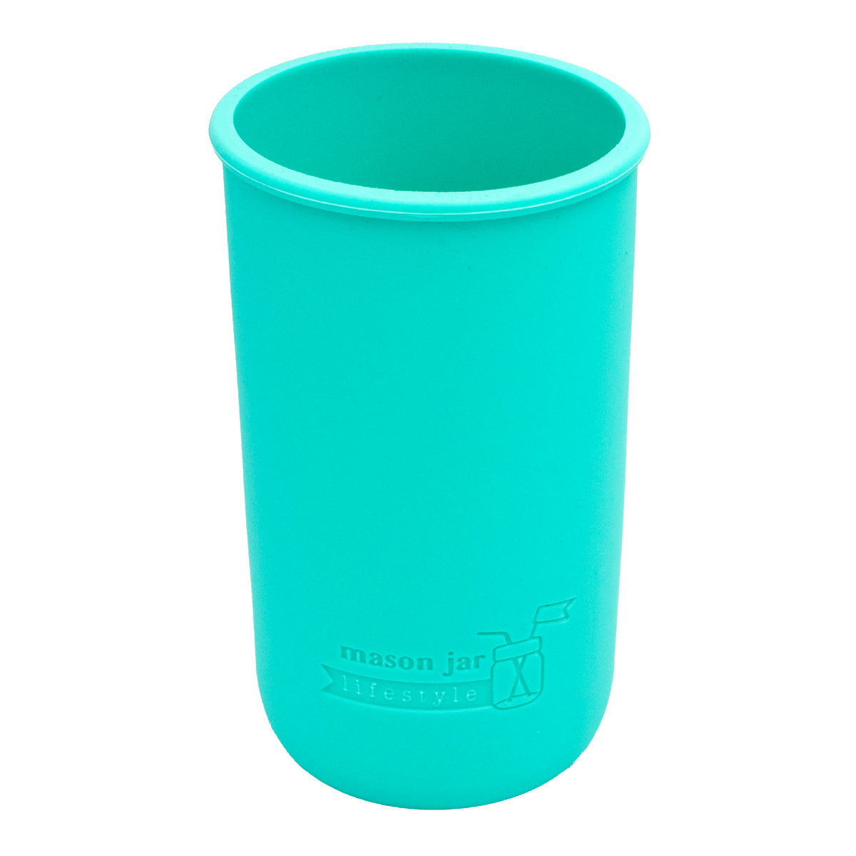 Aquamarine silicone sleeve for 24oz wide mouth Mason jars.