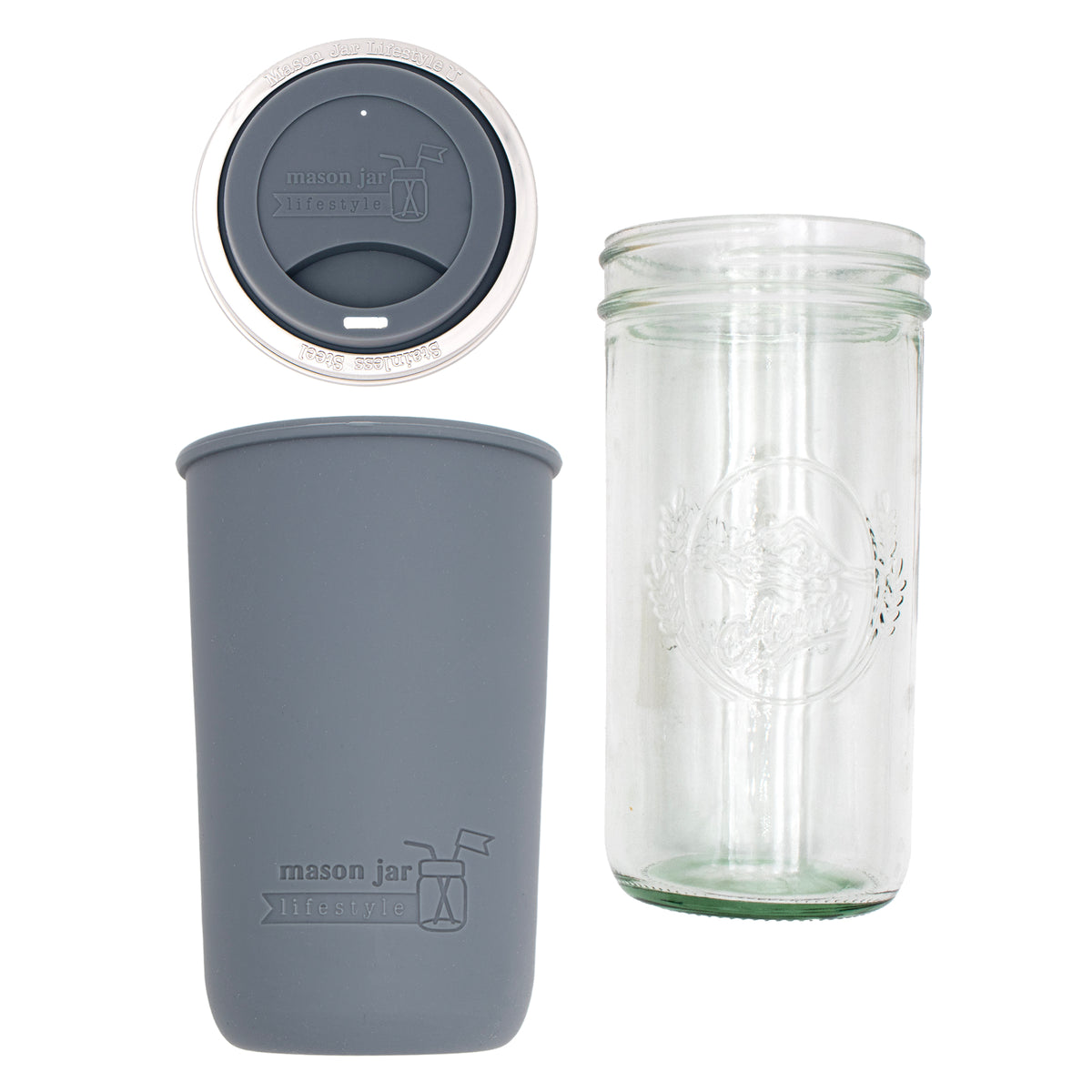 Pint and a half water bottle azure pint and a half sleeve charcoal gray wide mouth drinking lid charcoal gray product on white components