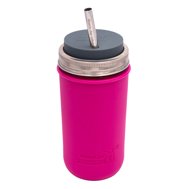 24oz Azure Mason jar straw tumbler with a Berry Pink silicone sleeve, Charcoal Gray silicone straw lid, stainless steel band, and stainless steel straw