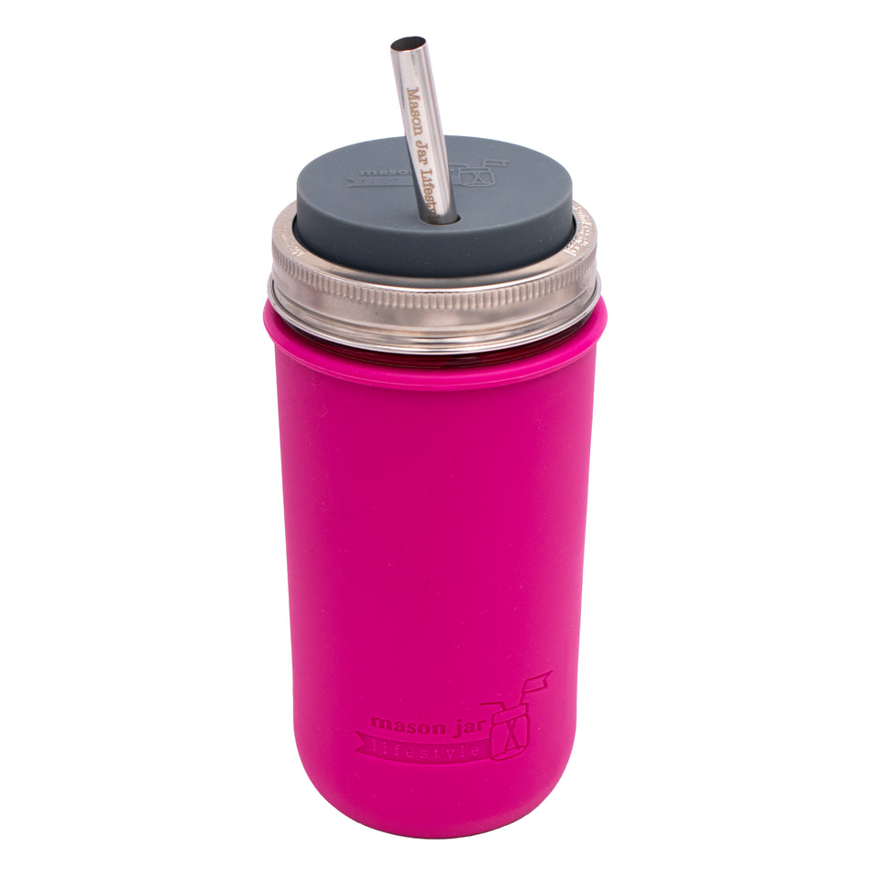 24oz Azure Mason jar straw tumbler with a Berry Pink silicone sleeve, Charcoal Gray silicone straw lid, stainless steel band, and stainless steel straw