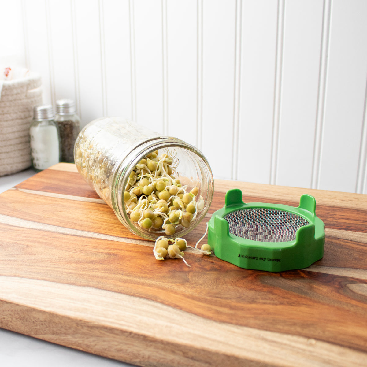 Leaf green sprouting lid beside a Mason jar of sprouts on a wooden counter
