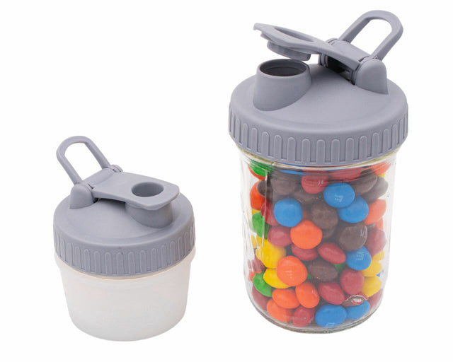 Original Pour & Store shaker lids with carry loops in Gray, shown on Regular Mouth and Wide Mouth Mason jars.