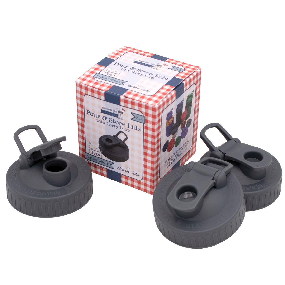 Regular Mouth 3-pack of Pour & Store shaker lids with carry loops in Charcoal Gray, shown with the retail box.