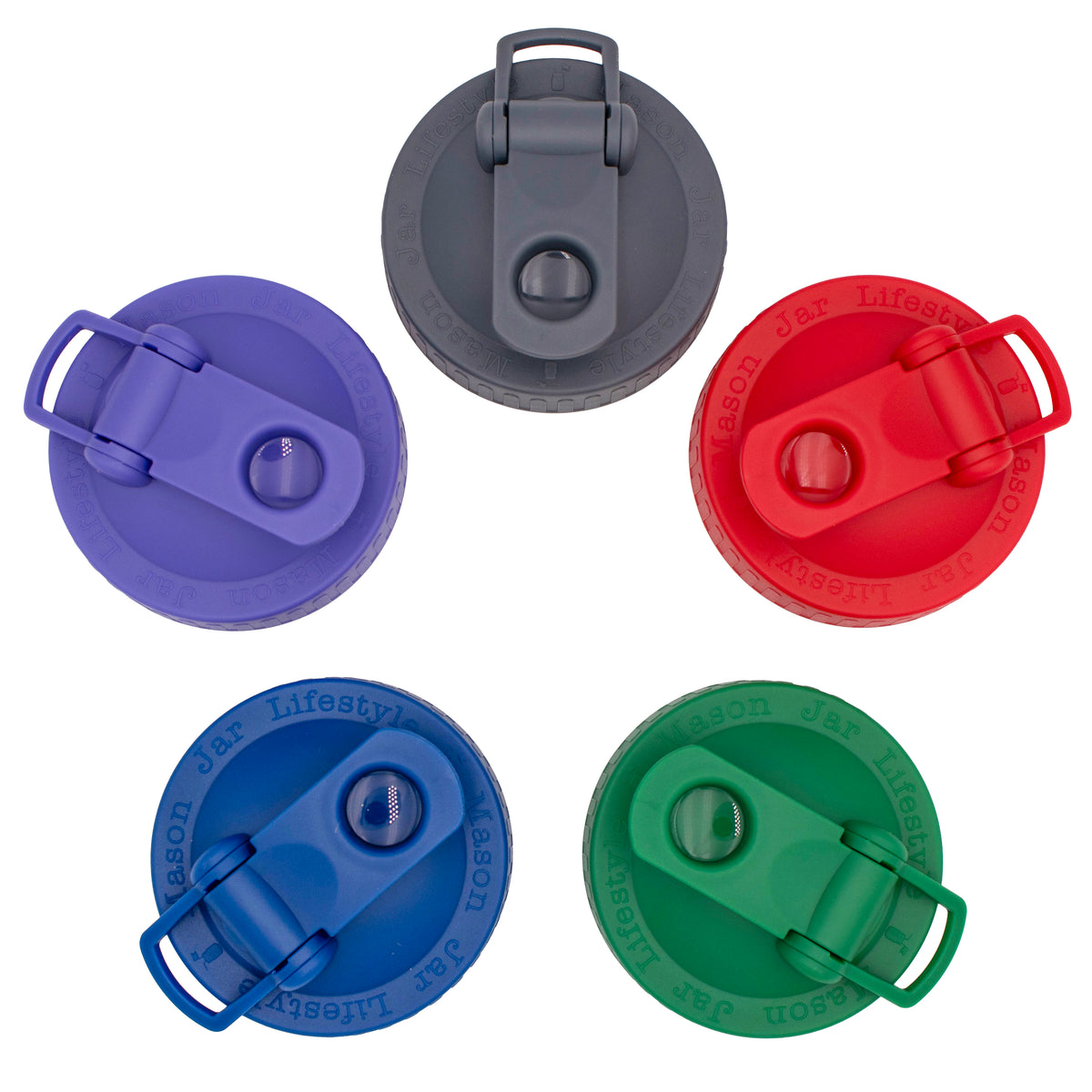 Pour & Store carry loop lids with all colors available shown: charcoal gray, deep blue, cherry red, ultra violet, and leaf green.