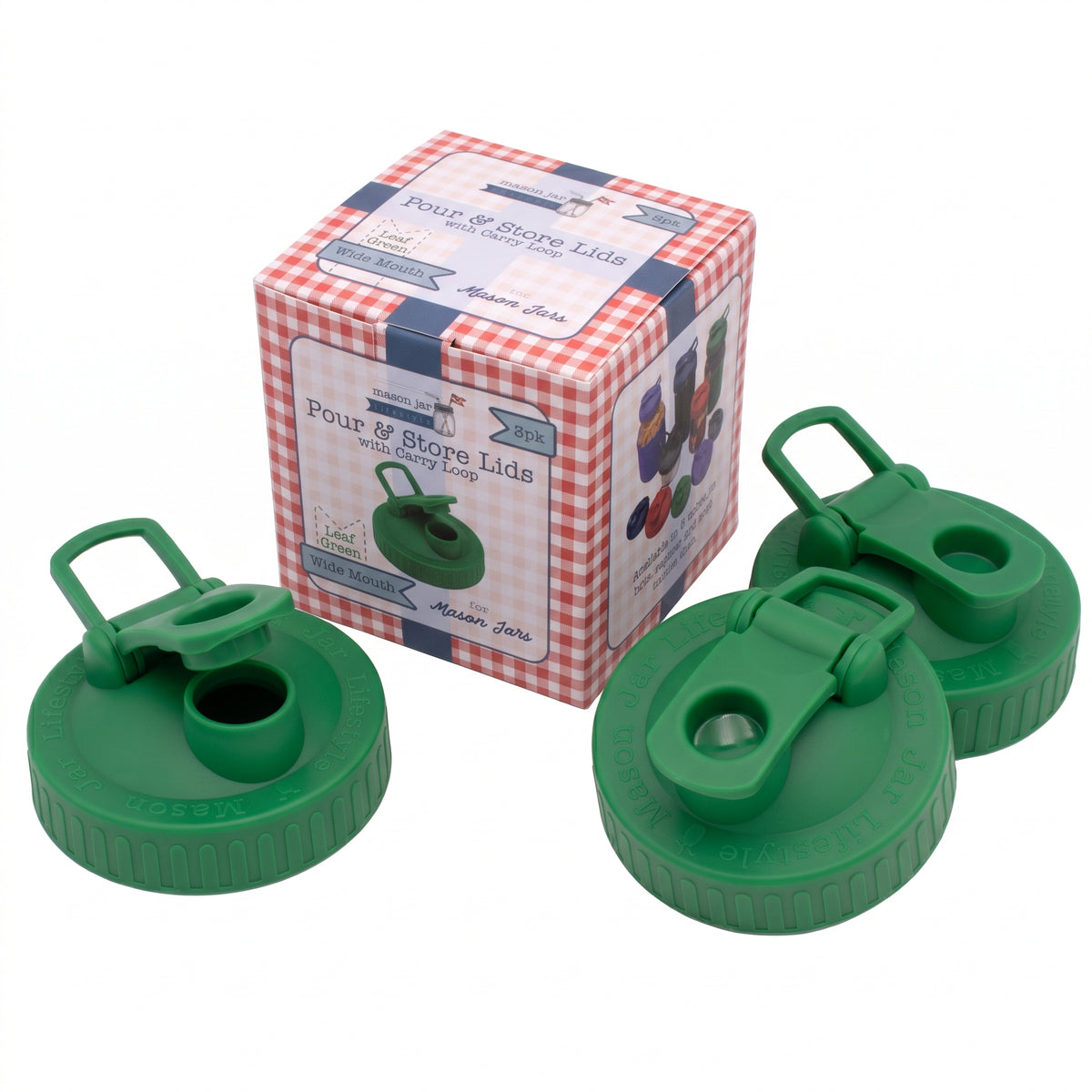 Wide Mouth 3-pack of Pour & Store shaker lids with carry loops in Leaf Green, shown with the retail box.