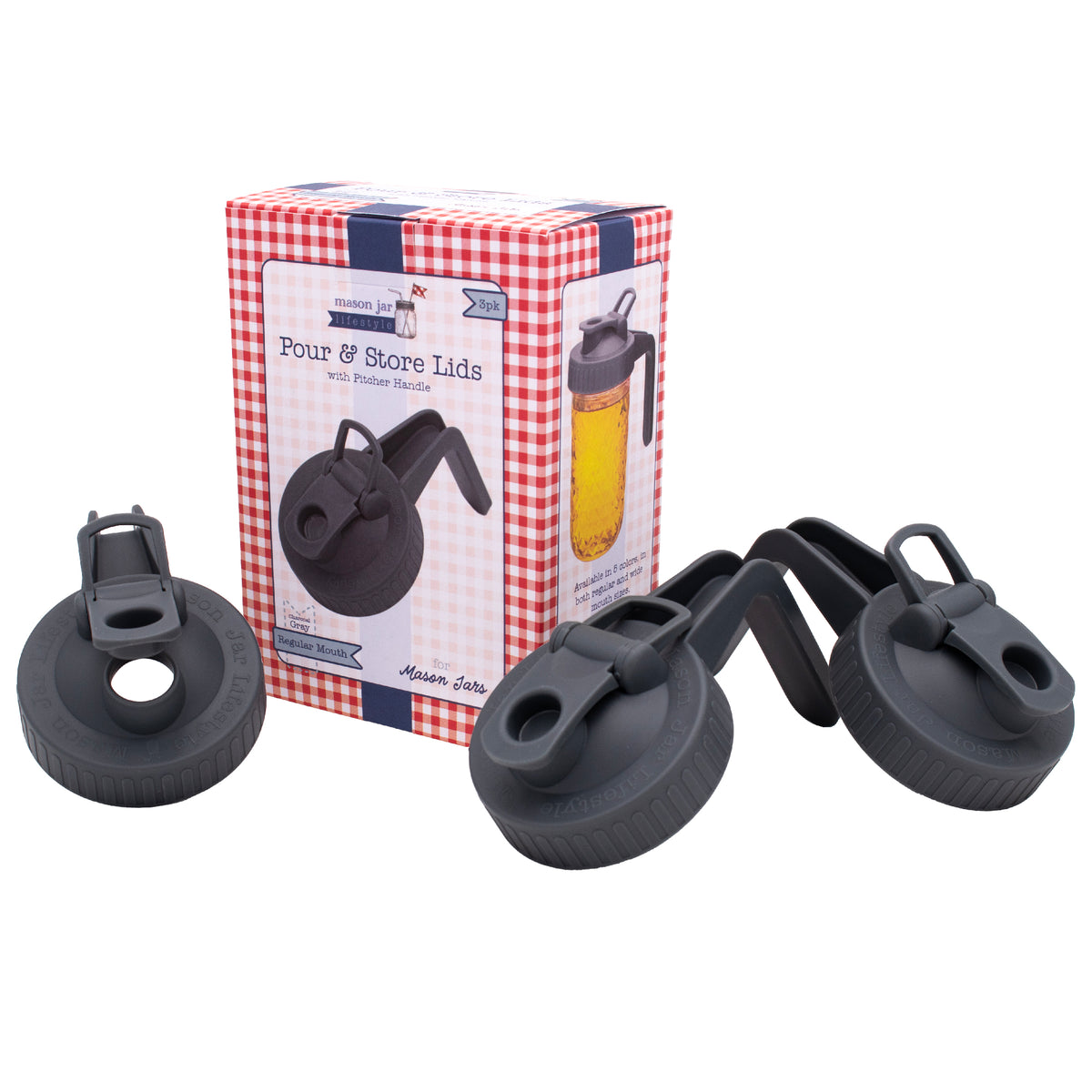Regular mouth charcoal grey pitcher lids for Mason jars, in 3 pack packaging.