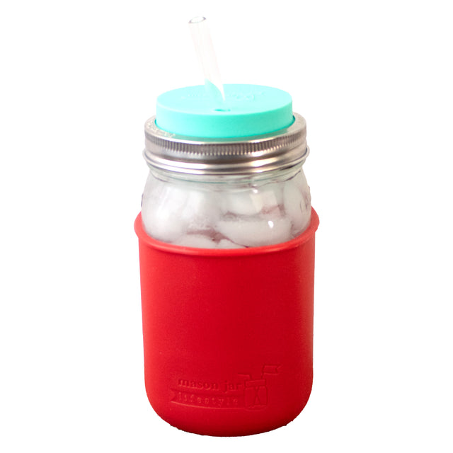Quart water bottle tumbler cherry red jar wide mouth silicone hole lid aquamarine long safer straw product on white straight
