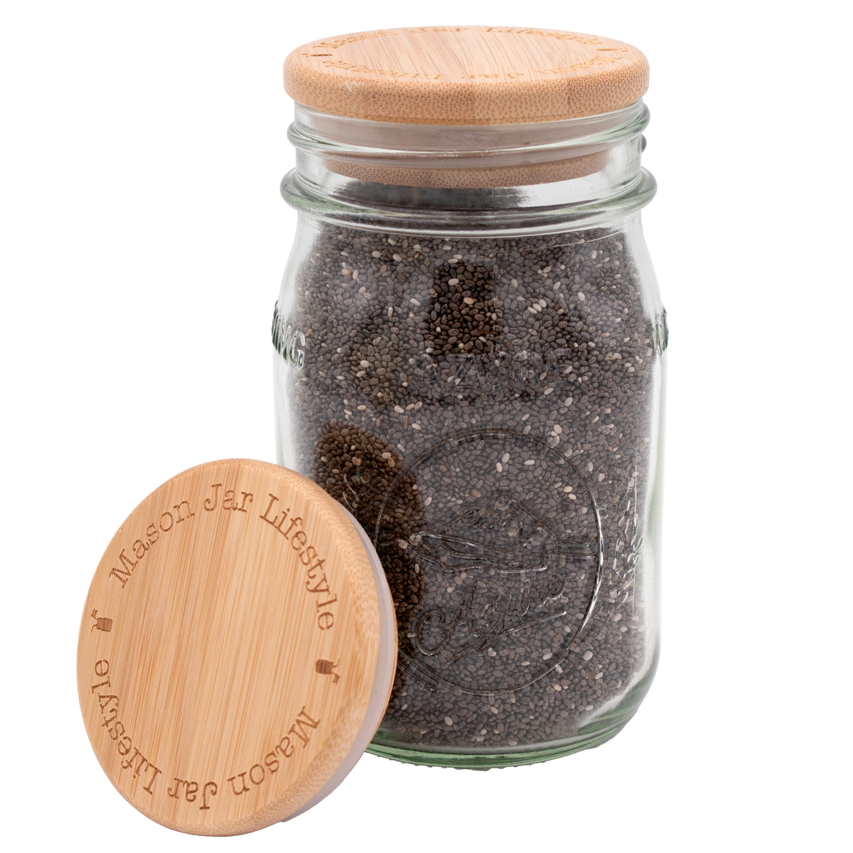 Regular mouth 16oz pint rounded edge bamboo storage stopper lids seeds on white