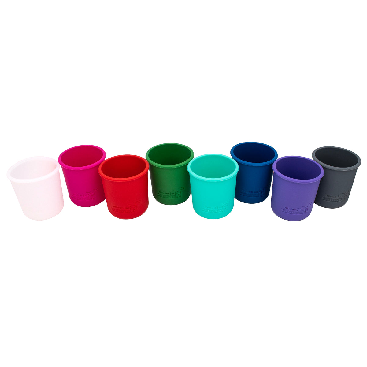 Eight colors of silicone sleeves for regular mouth half-pint Mason jars