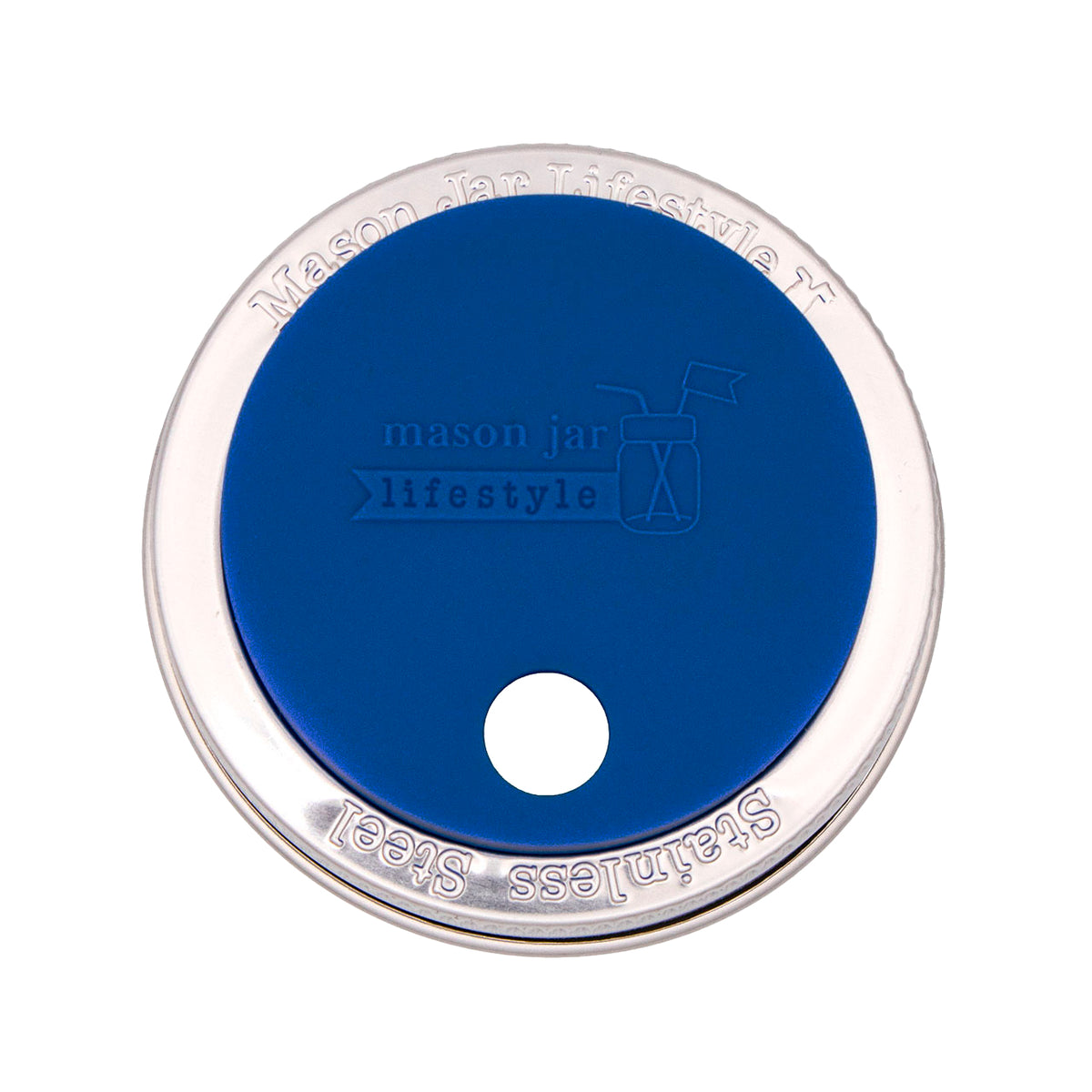 A Deep Blue regular mouth silicone straw hole lid for Mason jars.