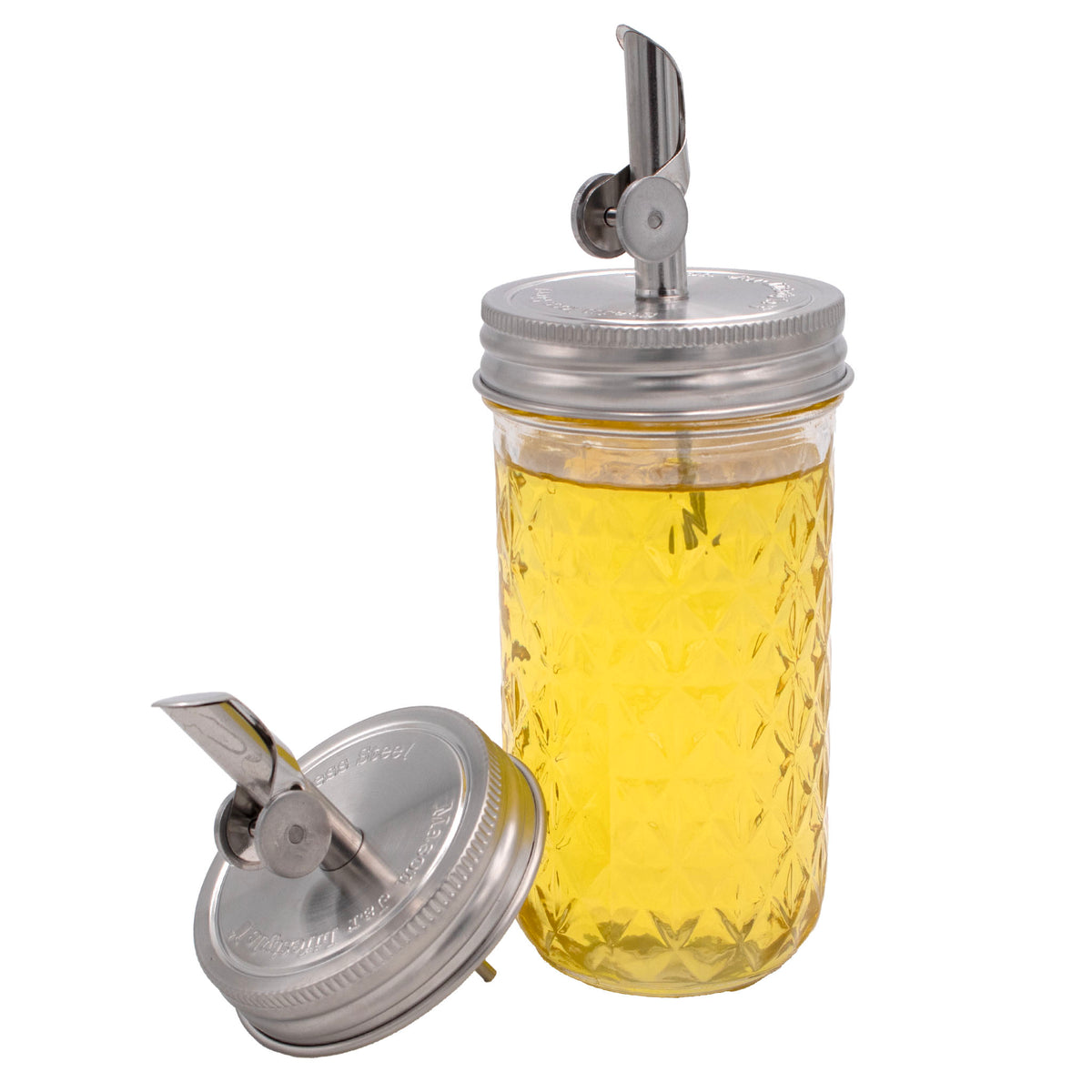 Regular mouth stainless steel oil gravity spout pour cruet v2 12oz on off main on white