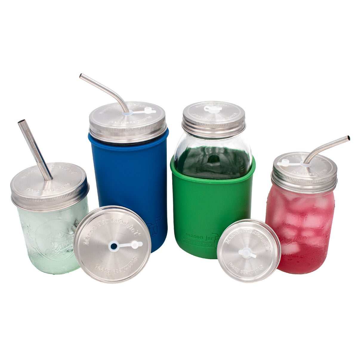 Regular and wide mouth Mason jars with stainless steel straw-hole lids, silicone grommets, plugs, and reusable straws.
