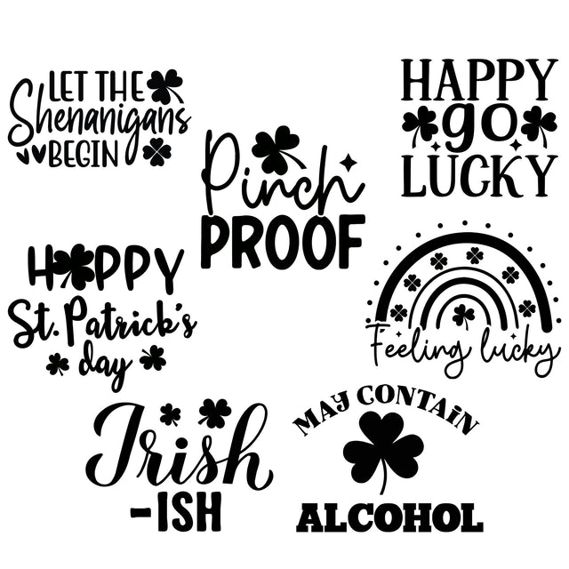 Seven St. Patrick's Day engraving designs with shamrocks, a rainbow, and festive sayings