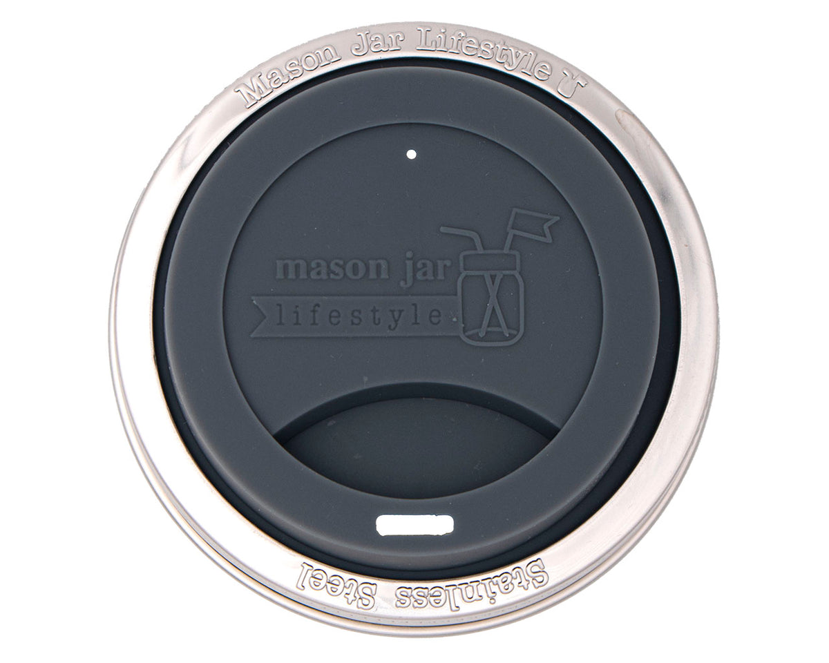 Silicone drinking lid stainless steel band wide mouth charcoal gray