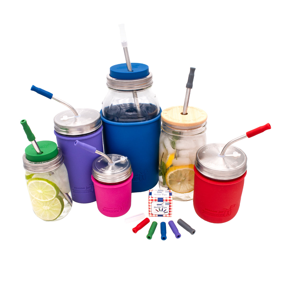 Silicone straw tips multi 12pk protect teeth glass metal stainles steel reusable straw product on white