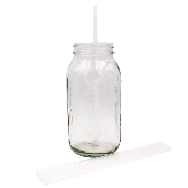 Clear Extra Long silicone straws beside and inside a half-gallon Mason jar on a white background; jar sold separately.