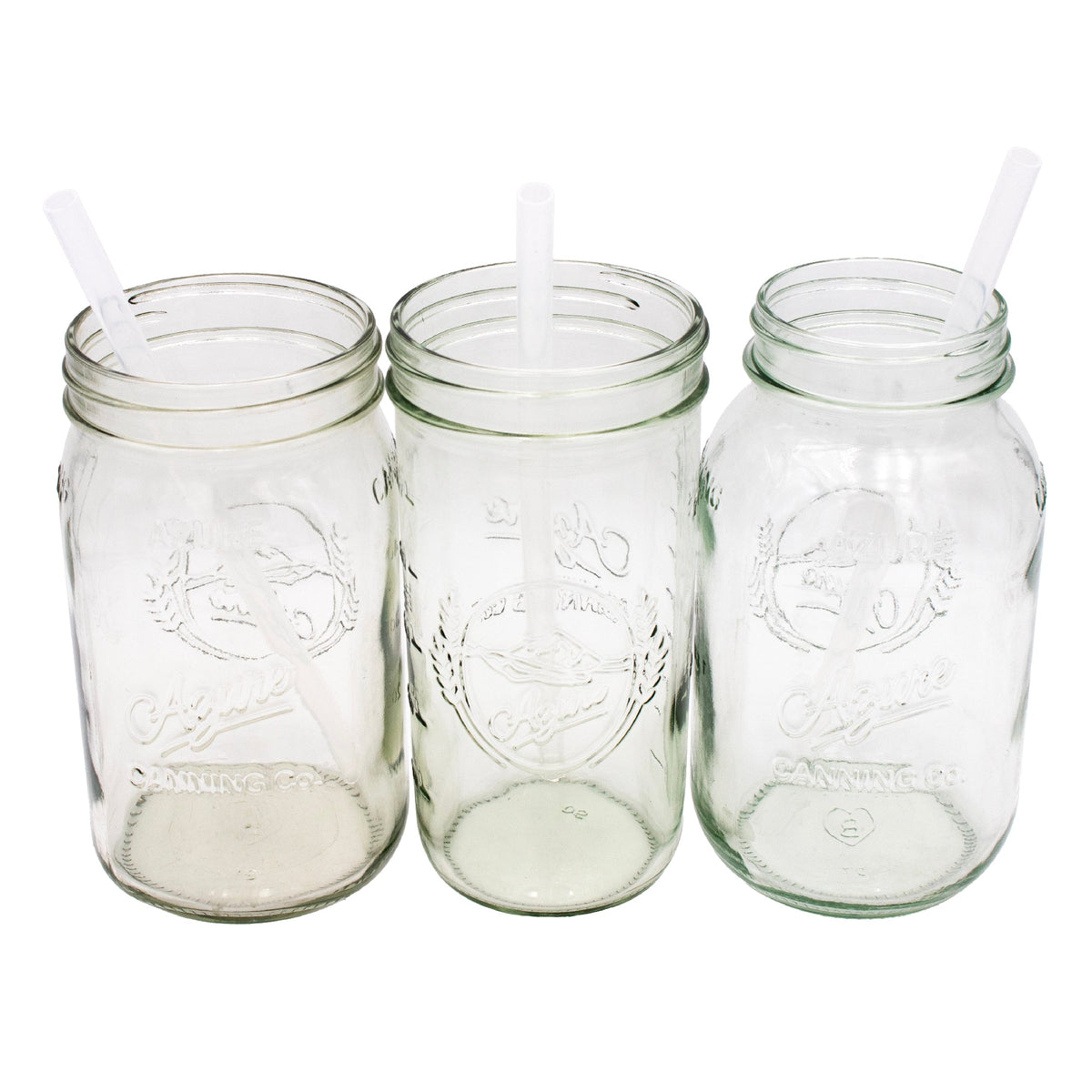 Clear Long silicone straws shown in 24oz and 32oz Mason jars. Each quantity ordered is one straw; jars sold separately.