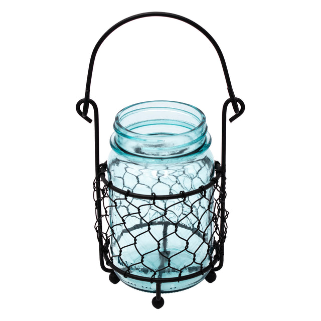 Single 16oz pint chicken wire metal black caddy organizer blue jar decor product on white