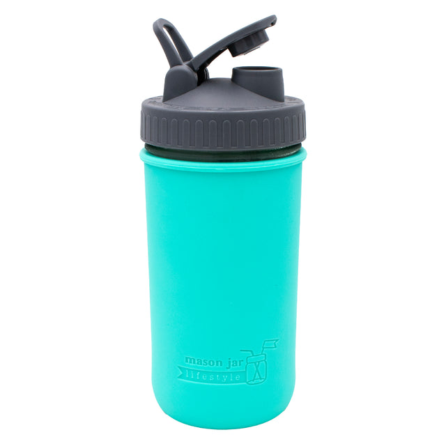 24oz Azure Mason jar sports bottle with an Aquamarine silicone sleeve and Charcoal Gray carry-loop lid with the flip cap open