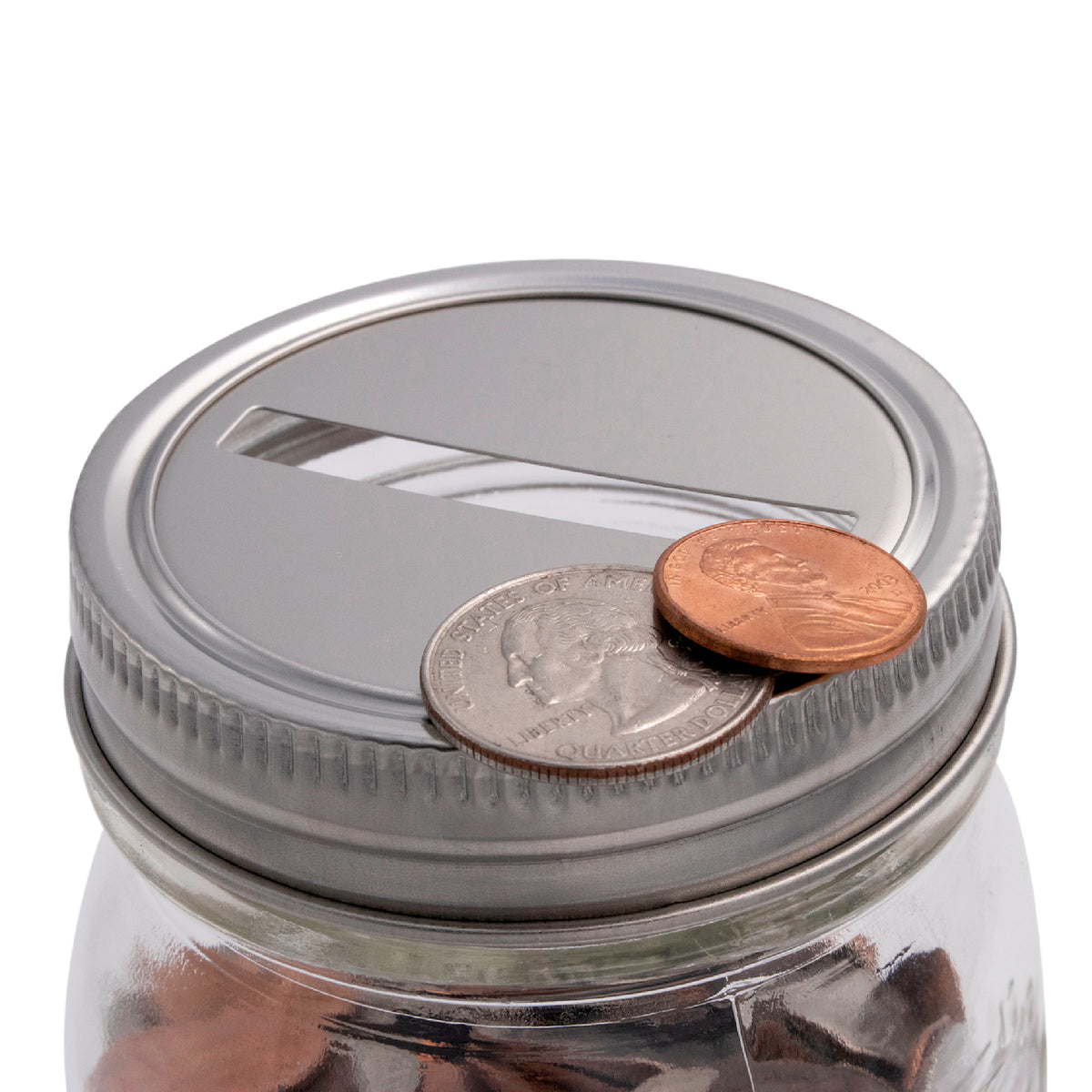 Stainless steel coin insert decor piggy bank regular mouth coins close up product on white