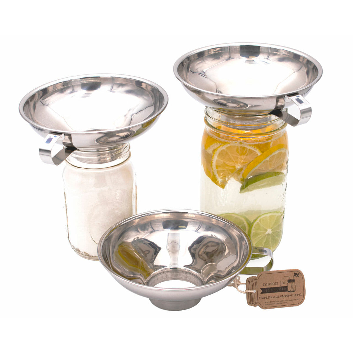 Extra wide stainless steel wide funnel for Mason jars (and other containers) on multiple jars.