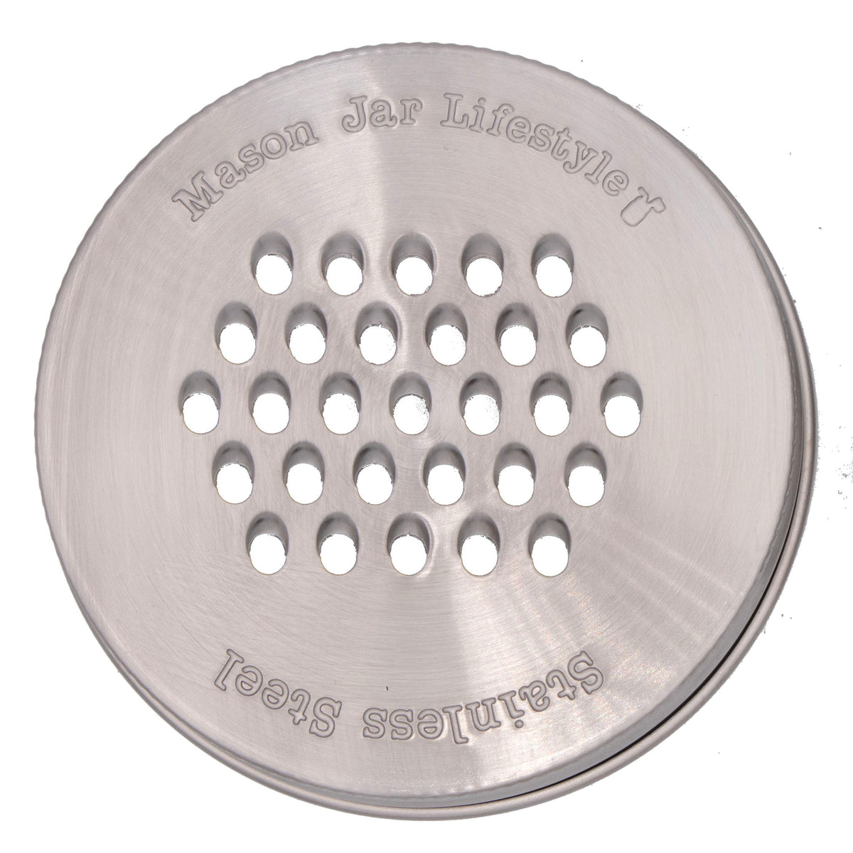 Stainless steel grater shredder lid wide mouth stamped logo on white