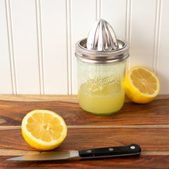 Stainless steel juicing lid juicer lid with lemon juice and lemons staged knife