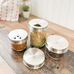 Stainless steel spice lids regular wide mouth spices kitchen organization packaging staged above