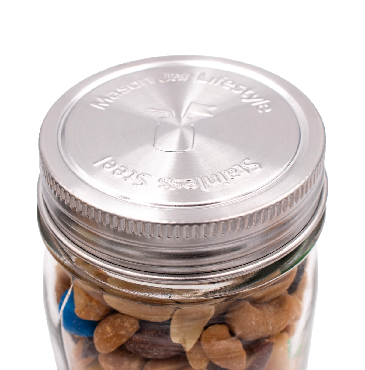 Stainless steel storage lids silicone liners tab pantry snack regular mouth close up product on white