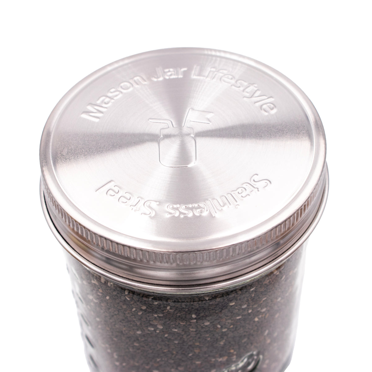 Stainless steel storage lids silicone liners tab pantry snack wide mouth close up product on white