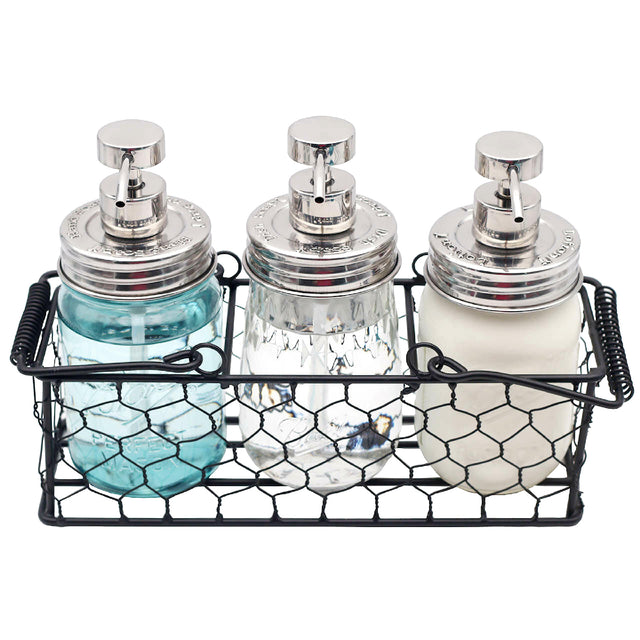 Threaded stamped embossed hand dish soap lotion pump dispenser lid adapter kit regular mouth aqua ball pint jar mirror chrome 2 three pint chicken wire