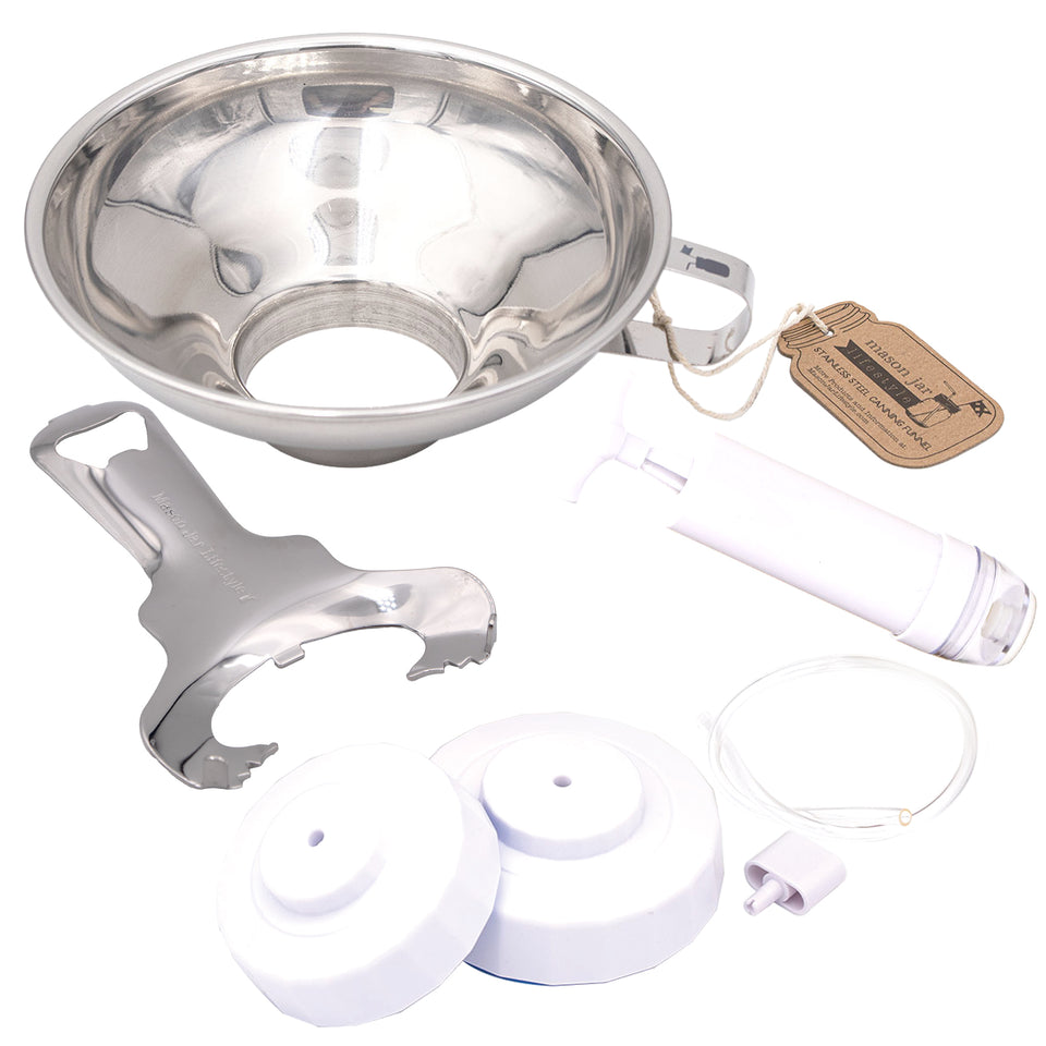 Manual Mason jar vacuum sealing bundle with hand pump, regular and wide mouth adapters, hose, stainless steel funnel, and lid opener