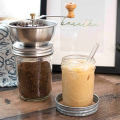 Wide mouth manual ceramic burr coffee grinder 16oz ball regular short glass straw 8oz staged