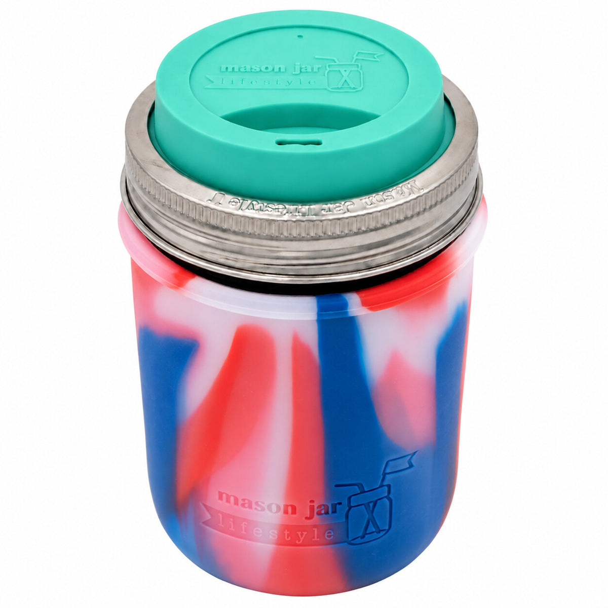 16oz Ball wide mouth mason jar travel mug with real American Flag silicone sleeve and Aquamarine drinking lid