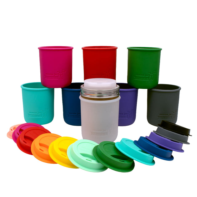 Ball 16oz wide mouth travel mug with Frost silicone sleeve and drinking lid, stainless steel band, and assorted sleeve and lid colors