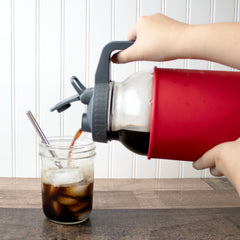 Wide mouth pour store pitcher handle lid cherry red half gallon 64oz iced coffee in use staged