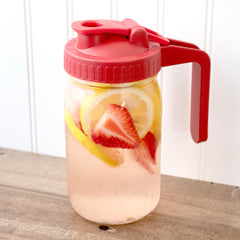 Wide mouth pour store pitcher handle lid cherry red strawberry lemonade staged