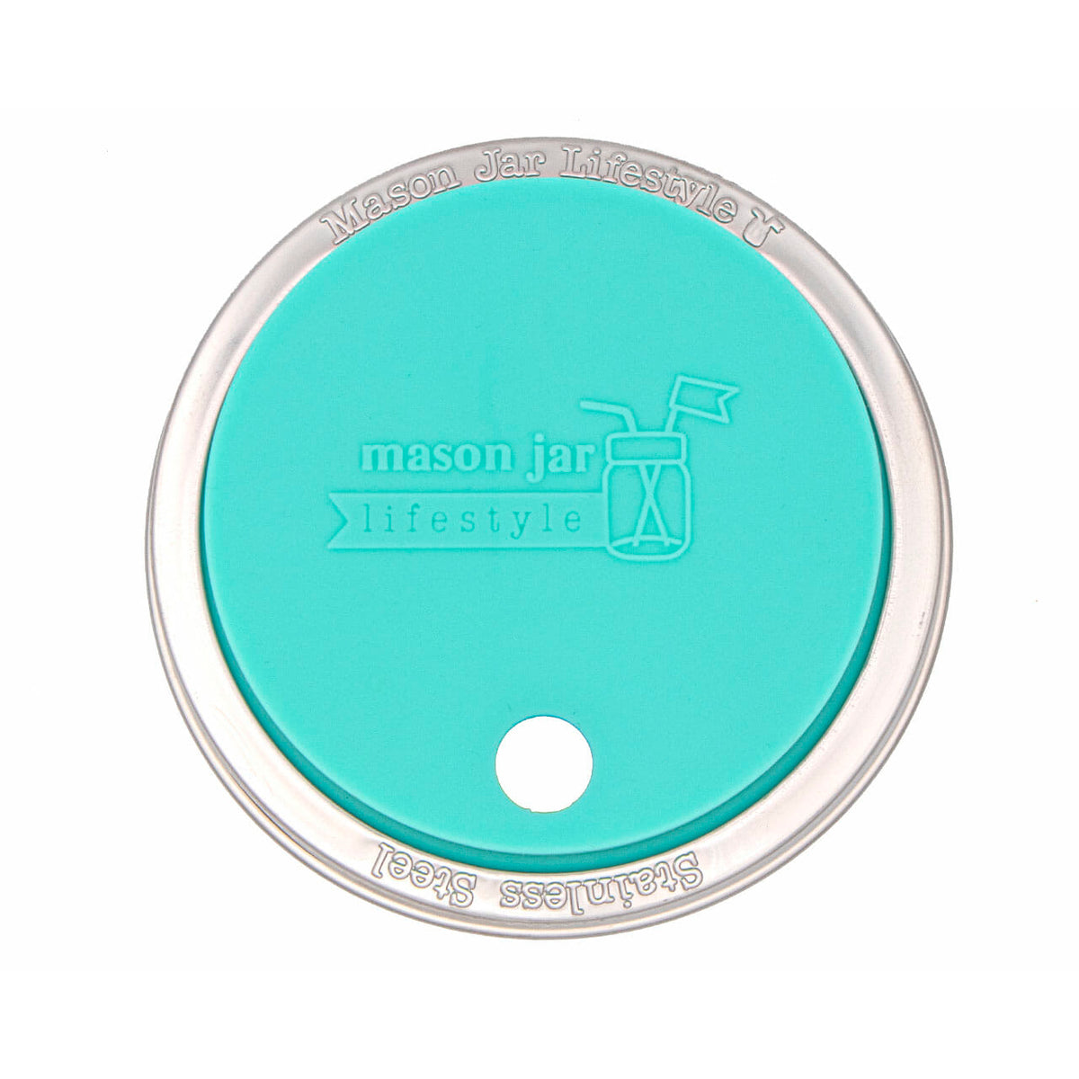 An Aquamarine wide mouth silicone straw hole lid for Mason jars.