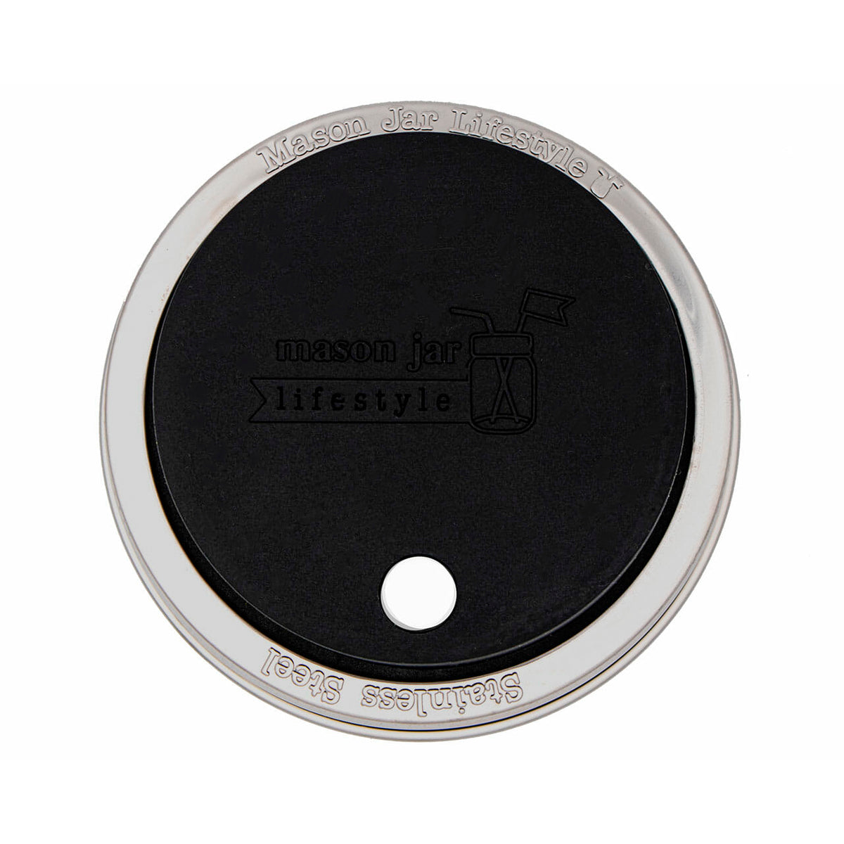 A Black wide mouth silicone straw hole lid for Mason jars.