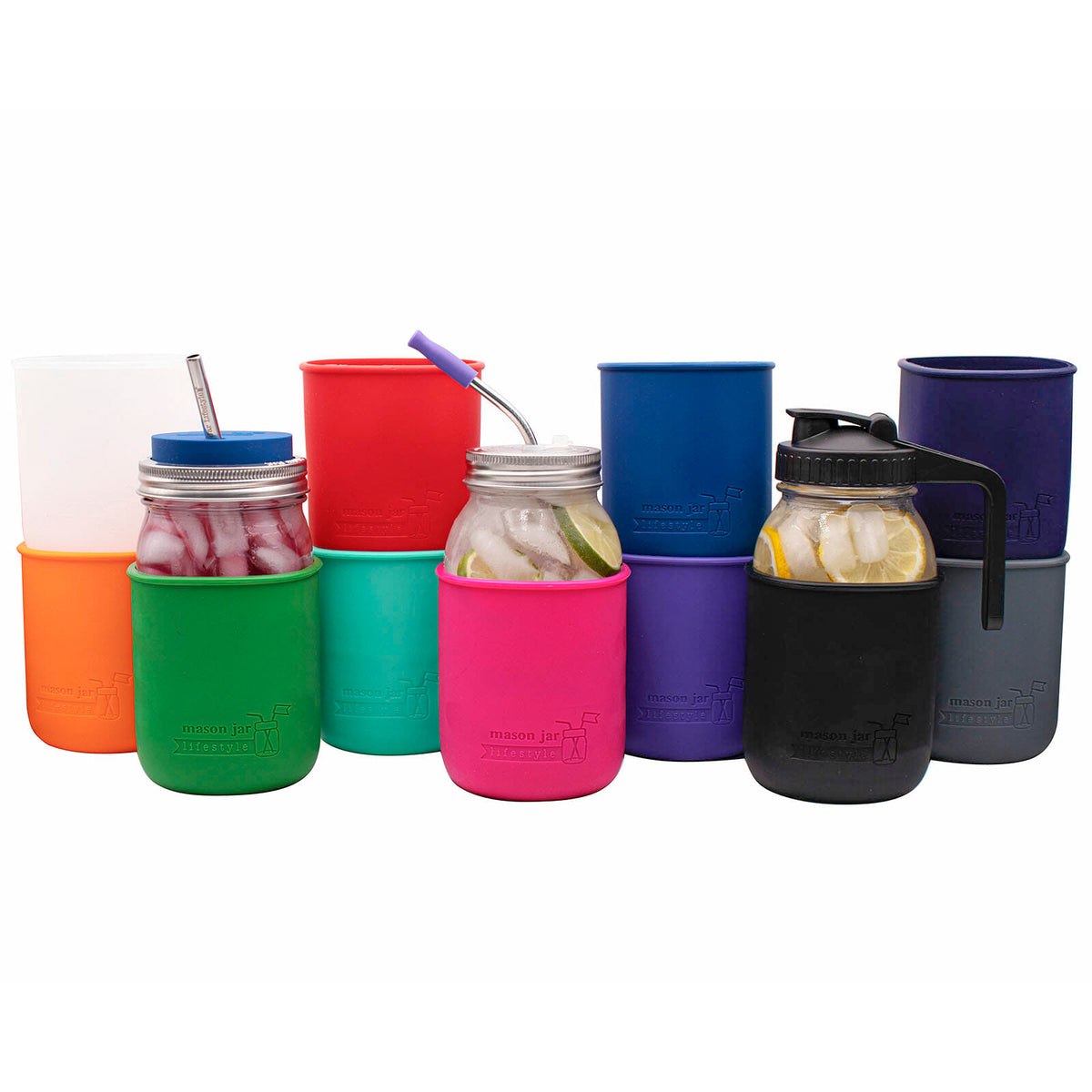 Colorful quart-size silicone sleeves, with Mason jars, lids, and straws shown