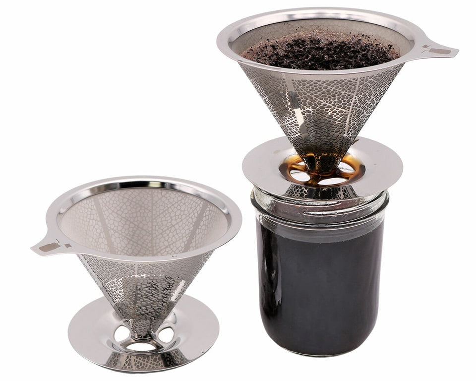 Stainless steel pour-over coffee filter, shown brewing on a Wide Mouth Mason jar and separately on a white background.
