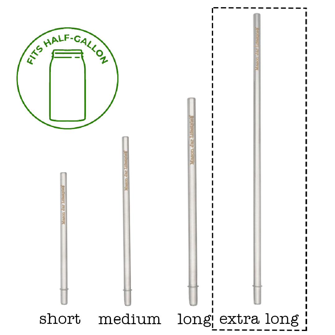 Extra Long Safer stainless steel straw highlighted in a four-size guide with a half-gallon Mason jar symbol.