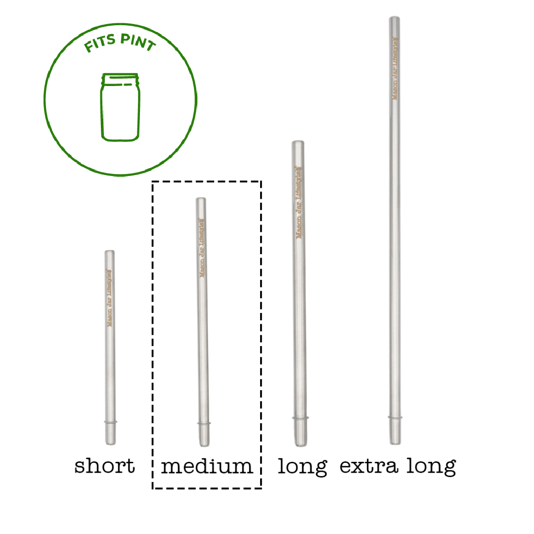 Medium Safer stainless steel straw highlighted in a four-size guide with a pint Mason jar symbol.