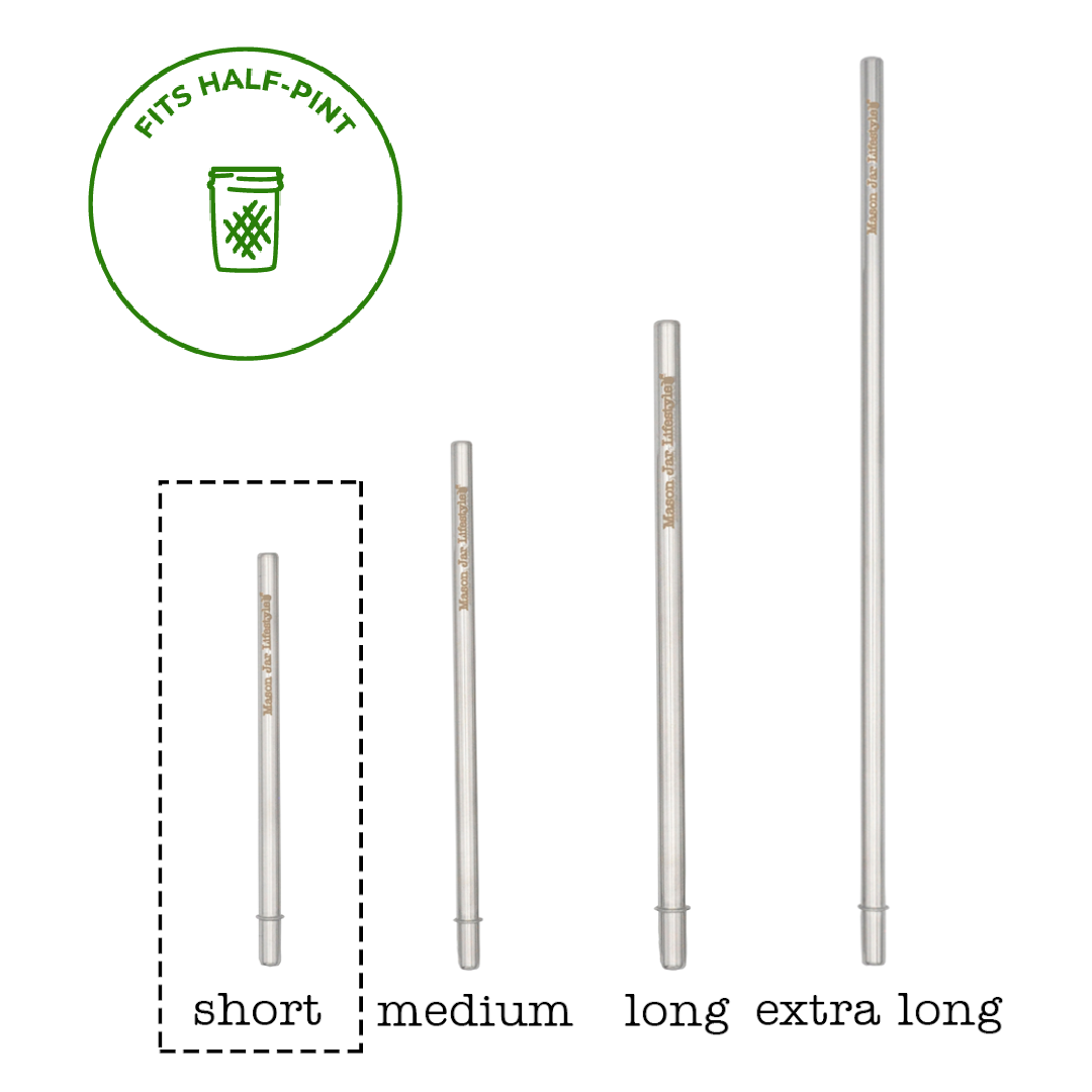 Short Safer stainless steel straw highlighted in a four-size guide with a half-pint Mason jar symbol.